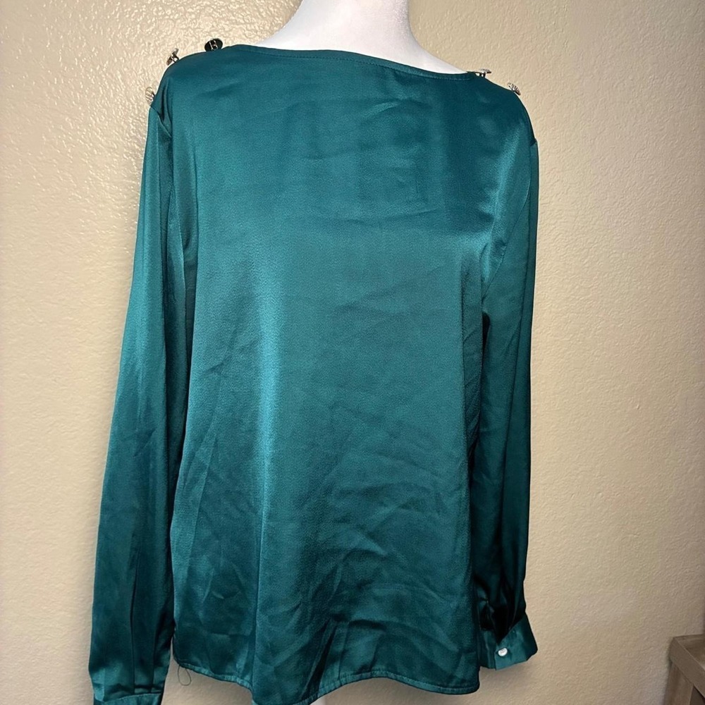 SHEIN Emerald Green Satin Cowl Back Blouse Long Sleeve Boat Neck Top Large